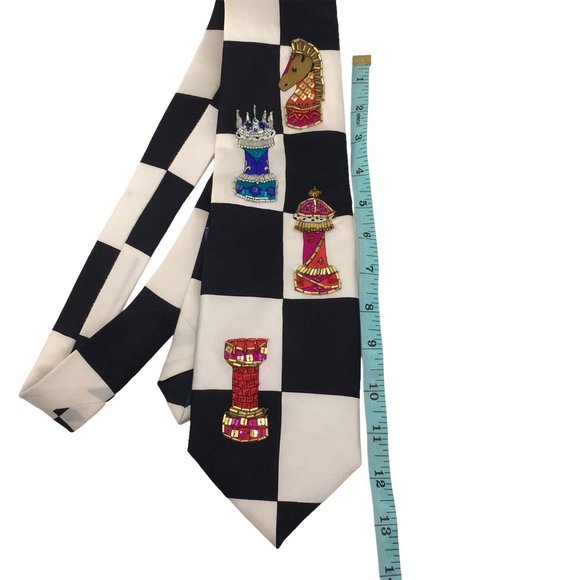 Black White Chess Board Fun Novelty Silk Necktie, Sequin Beaded Tie, Gambit NWT‎ - Picture 5 of 7